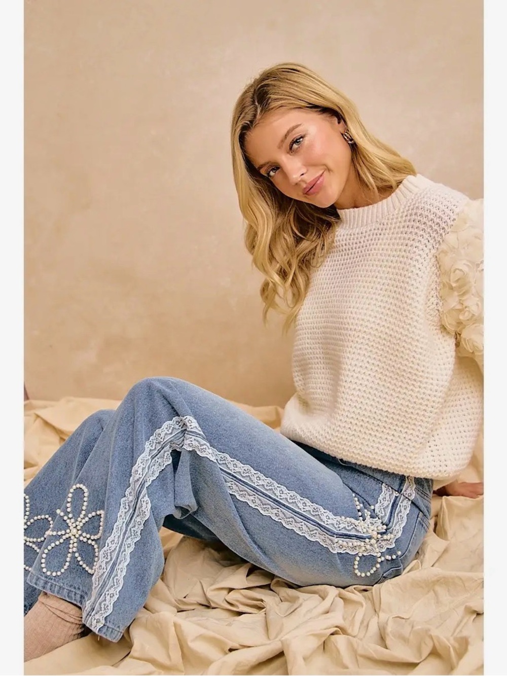 Denim pearl floral lace trim boho wide leg barrel western contrast bohemian jean - Picture 4 of 5